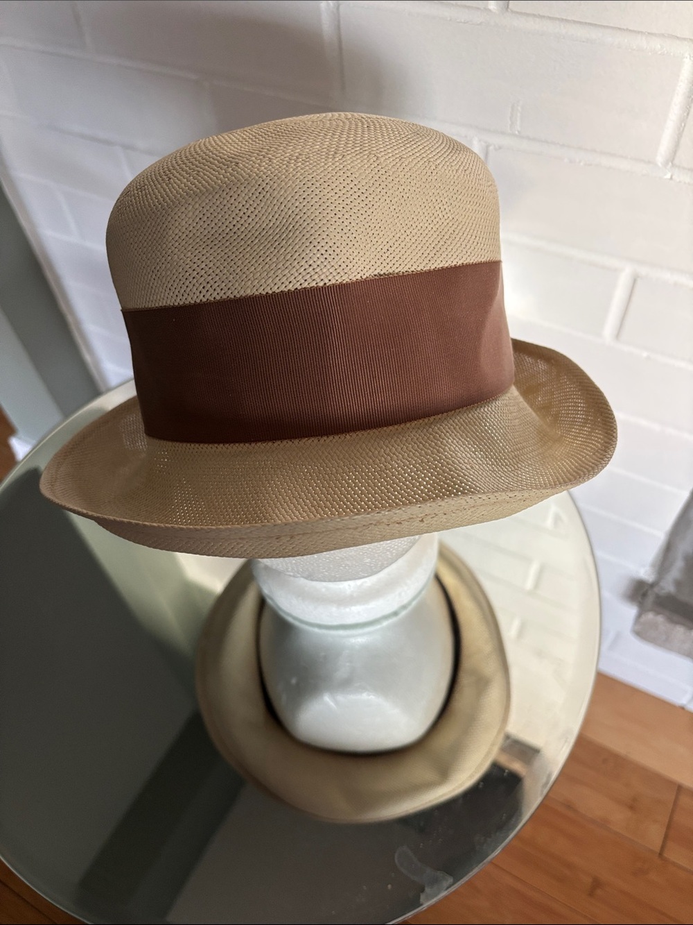 Vintage Classic Beige Straw Cloche Hat with Brown Grosgrain Band